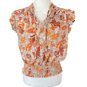 Rachel Zoe Flounce Sleeve Sheer Tie Neck Autumn Orange/Red Floral Print Blouse-M